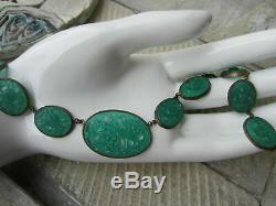 Antique Neiger Art Nouveau Czech Chinese Jade Green Glass Flower Necklace Choker