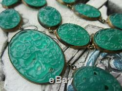 Antique Neiger Art Nouveau Czech Chinese Jade Green Glass Flower Necklace Choker