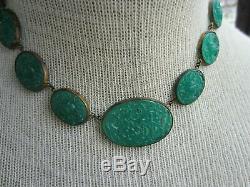 Antique Neiger Art Nouveau Czech Chinese Jade Green Glass Flower Necklace Choker