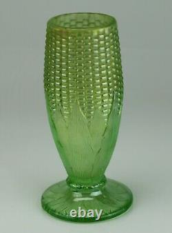 Antique Northwood Lime Green Carnival Glass Corn Vase with Stalk Base Stunning