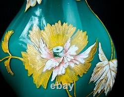 Antique Nouveau Thomas Webb Jules Barbe Enameled Flowers Green Cased Glass Vase