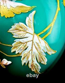 Antique Nouveau Thomas Webb Jules Barbe Enameled Flowers Green Cased Glass Vase