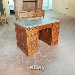 Antique Oak Panelled Bankers/pedestal Desk With Green Leather Top (well Sized)