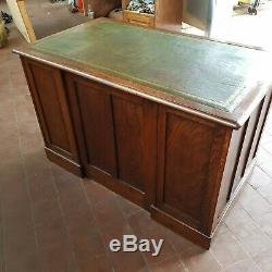 Antique Oak Panelled Bankers/pedestal Desk With Green Leather Top (well Sized)