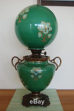 Antique Oil Kerosene Art Nouveau Deco Arts And Crafts Emerald Green Banquet Lamp