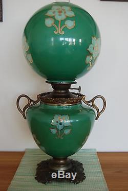Antique Oil Kerosene Art Nouveau Deco Arts And Crafts Emerald Green Banquet Lamp