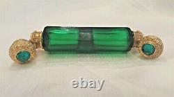 Antique Ornate Jeweled Double Ended Green Lay Down Perfume Bottle