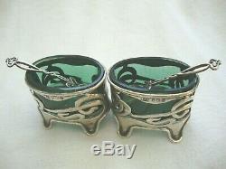 Antique Pair Solid Silver Art Nouveau Style Salts & Spoons Green Glass Liners