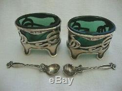 Antique Pair Solid Silver Art Nouveau Style Salts & Spoons Green Glass Liners