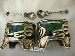 Antique Pair Solid Silver Art Nouveau Style Salts & Spoons Green Glass Liners