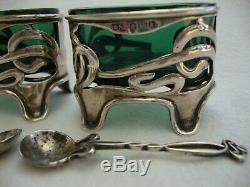 Antique Pair Solid Silver Art Nouveau Style Salts & Spoons Green Glass Liners