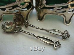 Antique Pair Solid Silver Art Nouveau Style Salts & Spoons Green Glass Liners