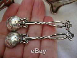 Antique Pair Solid Silver Art Nouveau Style Salts & Spoons Green Glass Liners