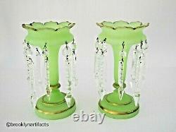 Antique Pair of French Opaline Green Art Glass & Gold Gilt Lustre Vases