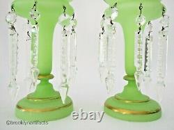 Antique Pair of French Opaline Green Art Glass & Gold Gilt Lustre Vases