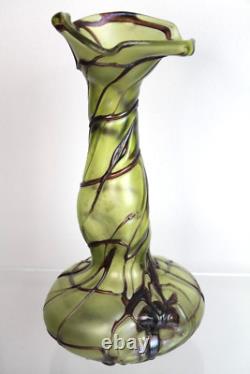 Antique Pallme-König Austrian Art Nouveau Olive Green Iridescent Glass Vase