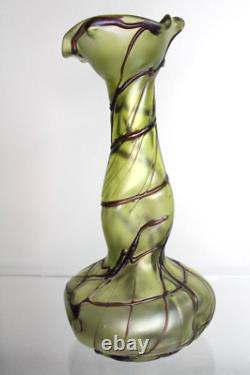 Antique Pallme-König Austrian Art Nouveau Olive Green Iridescent Glass Vase