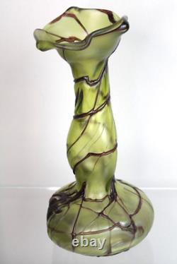 Antique Pallme-König Austrian Art Nouveau Olive Green Iridescent Glass Vase