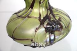 Antique Pallme-König Austrian Art Nouveau Olive Green Iridescent Glass Vase