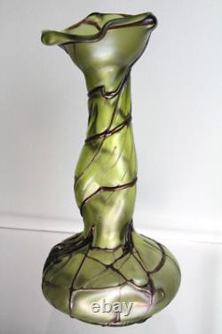 Antique Pallme-König Austrian Art Nouveau Olive Green Iridescent Glass Vase