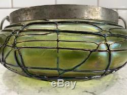 Antique Pallme Konig Bohemian Threaded Iridescent Green Glass Bowl Spoon Fork