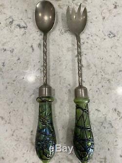 Antique Pallme Konig Bohemian Threaded Iridescent Green Glass Bowl Spoon Fork