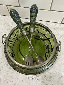 Antique Pallme Konig Bohemian Threaded Iridescent Green Glass Bowl Spoon Fork