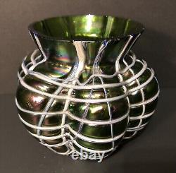 Antique Pallme König & Habel Art Nouveau Iridescent Fadendekor Green Glass Vase