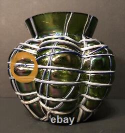 Antique Pallme König & Habel Art Nouveau Iridescent Fadendekor Green Glass Vase
