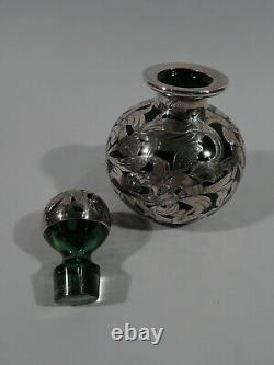 Antique Perfume 46 Art Nouveau Bottle American Green Glass Silver Overlay