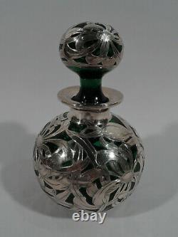 Antique Perfume Art Nouveau Bottle American Green Glass & Silver Overlay