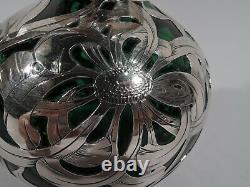 Antique Perfume Art Nouveau Bottle American Green Glass & Silver Overlay