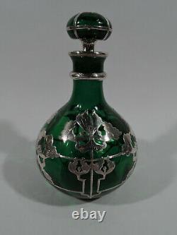 Antique Perfume Big Art Nouveau Bottle American Green Glass & Silver Overlay