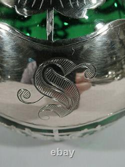 Antique Perfume Big Art Nouveau Bottle American Green Glass & Silver Overlay
