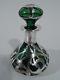 Antique Perfume Bottle American Emerald Green Glass & Silver Overlay