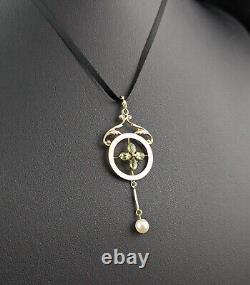 Antique Peridot and Pearl drop pendant, 9ct gold, Art Nouveau