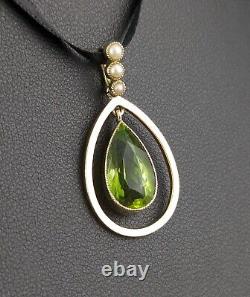 Antique Peridot and seed pearl pendant, 9ct gold, Art Nouveau