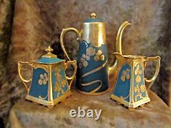 Antique Pickard Limoges Art Nouveau Teapot/Coffee Pot, Cream/Sugar/Signed Coufal