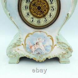 Antique Porcelain Mantel Clock Cherub Design Art Nouveau/Edwardian Era Working