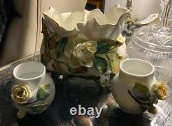 Antique Porcelain Rose Bowls Gilded Flower Encrusted Meissen Blue Crossed Swords