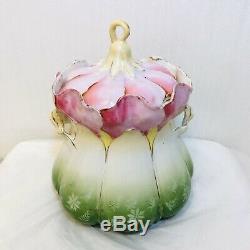 Antique RS Prussia Art Nouveau Morning Glory Pink Green Cracker Biscuit Jar