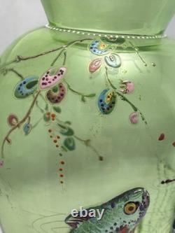 Antique Rare Moser Art Nouveau Bohemian Applied Fish Glass Vase Enamelled