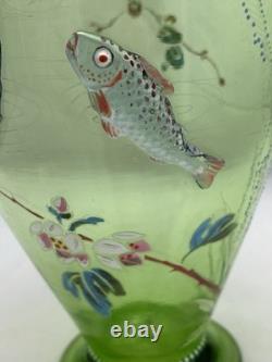 Antique Rare Moser Art Nouveau Bohemian Applied Fish Glass Vase Enamelled