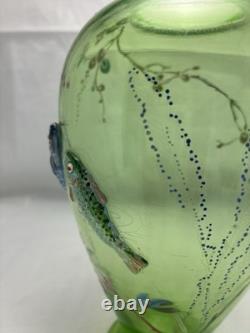 Antique Rare Moser Art Nouveau Bohemian Applied Fish Glass Vase Enamelled