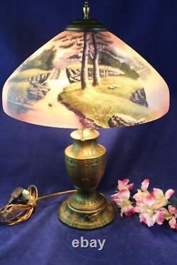 Antique Reverse Painted Pittsburg Waterfall Landscape Table Lamp 22 1/2 Tall