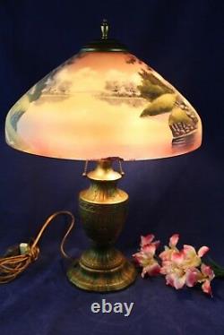 Antique Reverse Painted Pittsburg Waterfall Landscape Table Lamp 22 1/2 Tall