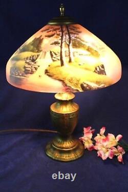 Antique Reverse Painted Pittsburg Waterfall Landscape Table Lamp 22 1/2 Tall