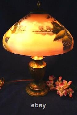 Antique Reverse Painted Pittsburg Waterfall Landscape Table Lamp 22 1/2 Tall