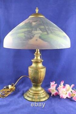 Antique Reverse Painted Pittsburg Waterfall Landscape Table Lamp 22 1/2 Tall