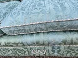 Antique Revival Art Nouveau Regency Shaped 2-3 Seater Green Blue Fabric Sofa